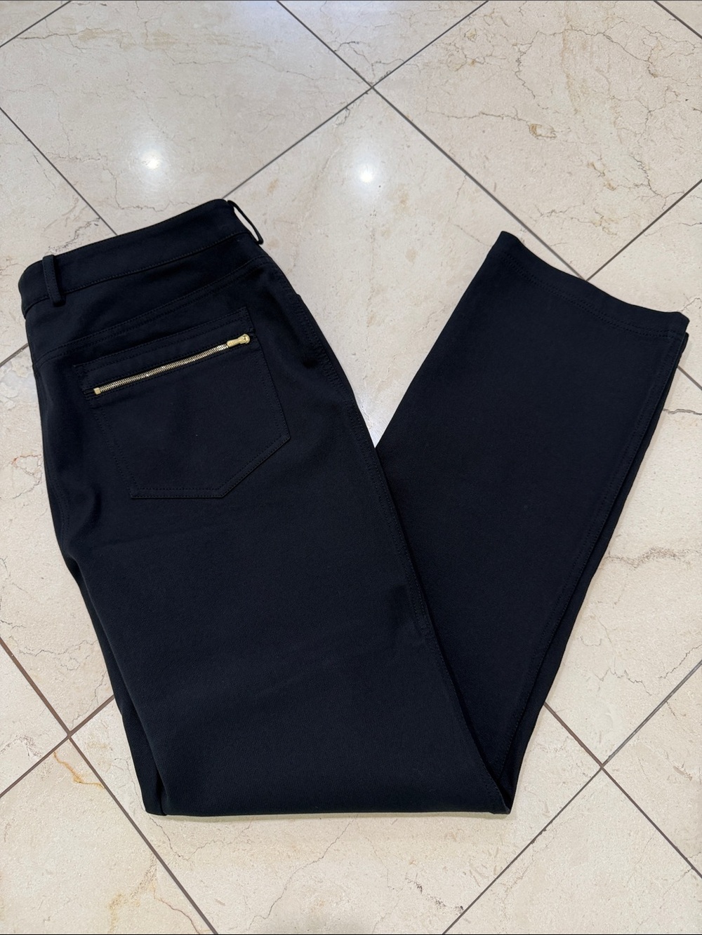 St. John Black Pull-On Pants with Gold Zip Detail